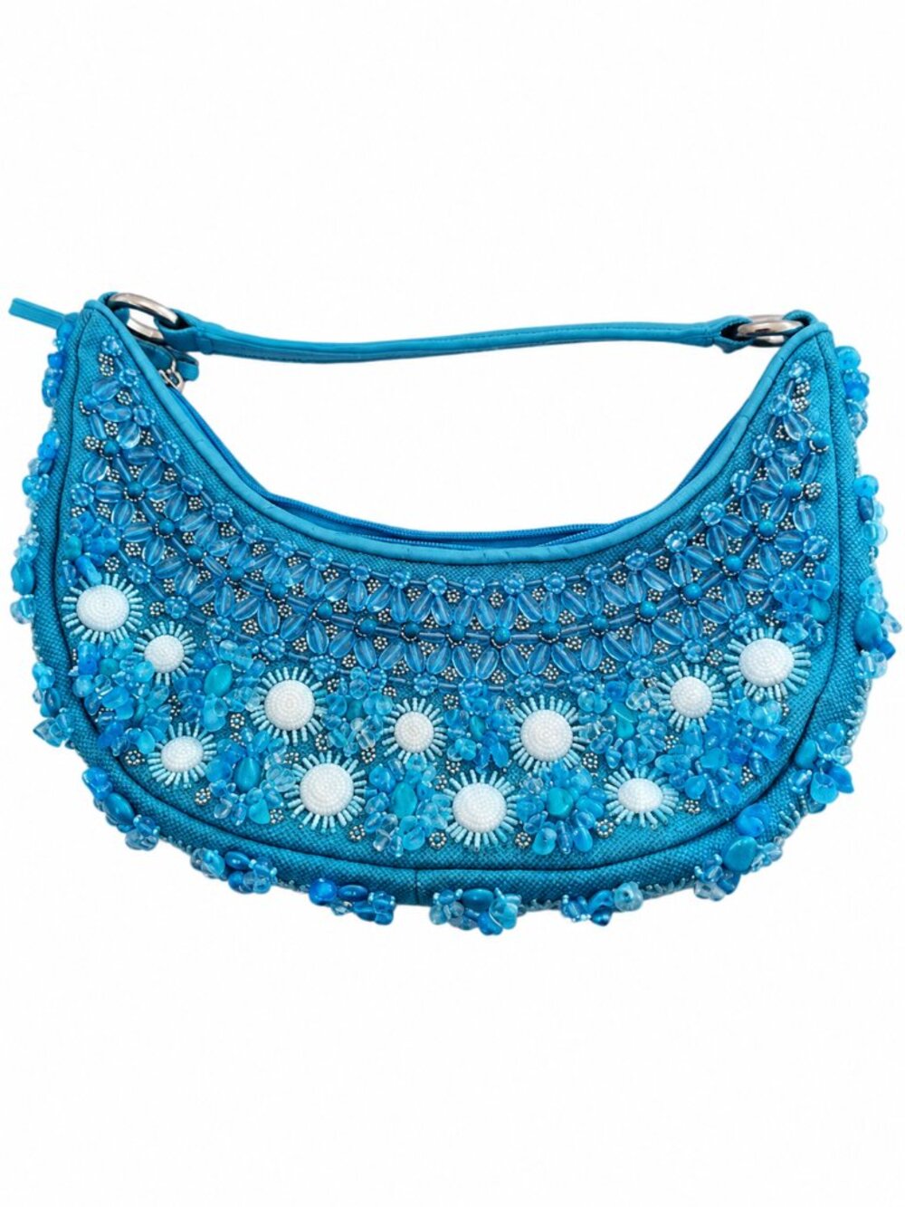 Ann Taylor Turquoise Floral Beaded Crescent Shoulder Bag